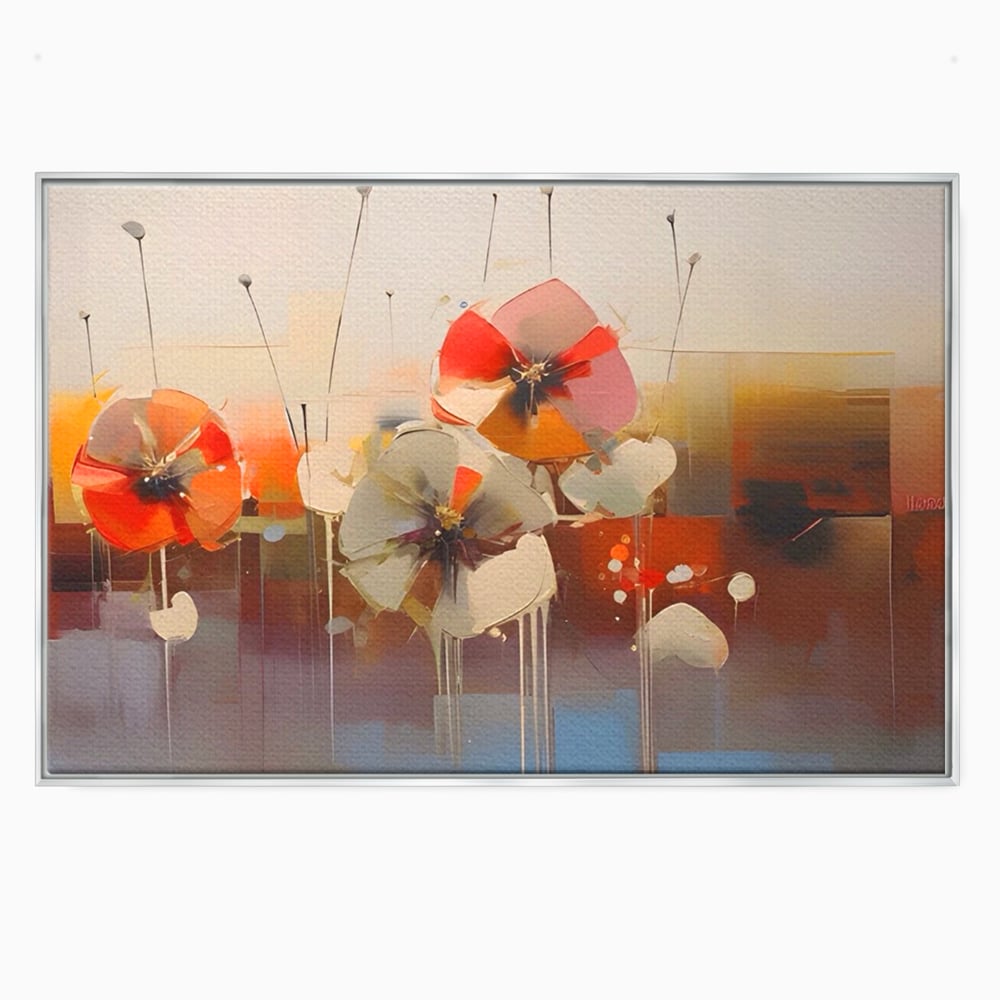 Tablou canvas cu tablou canvas cu pictura florala abstracta, in rama de aluminiu argintiu